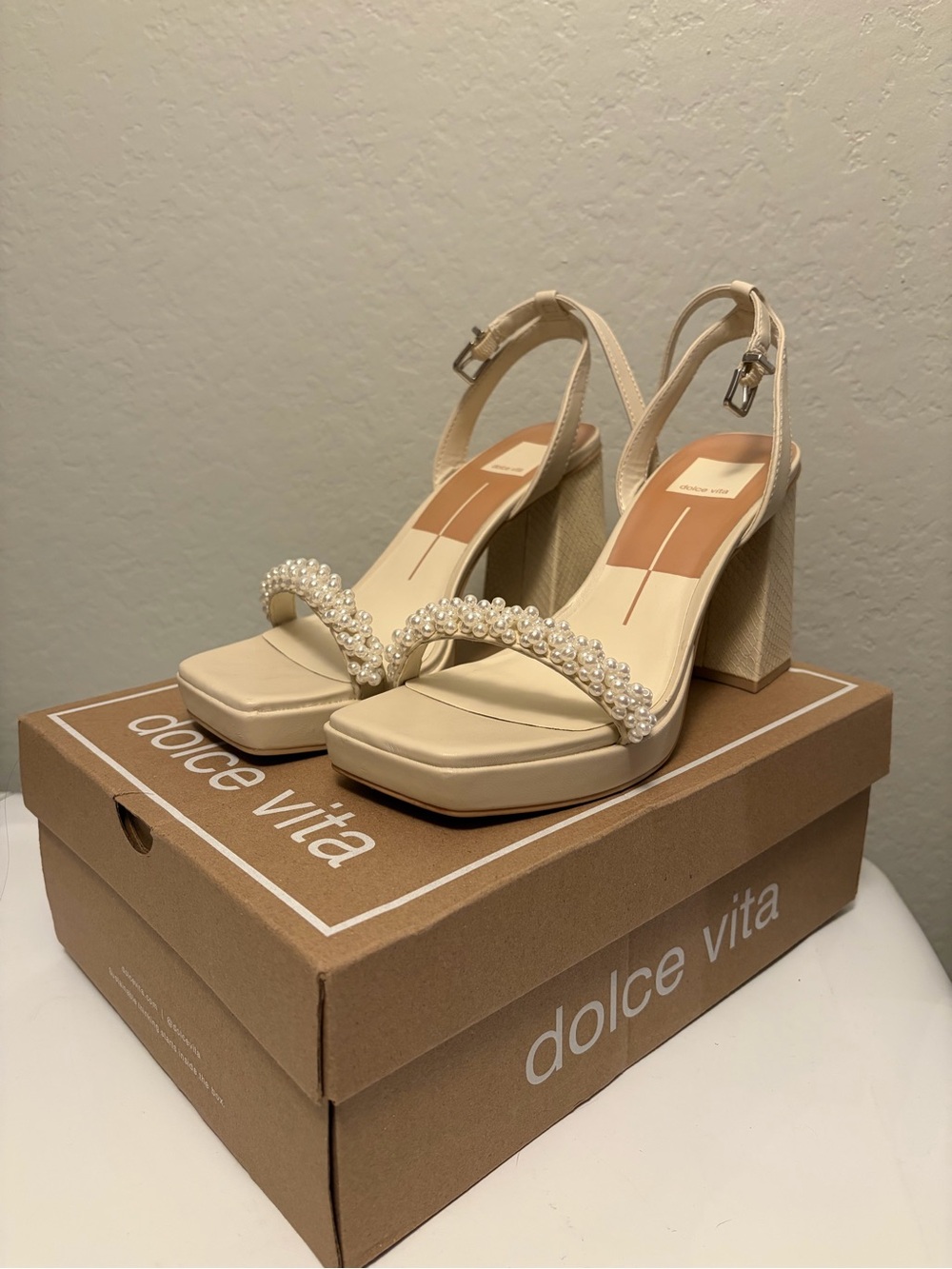 Dolce Vita Cream Pearl-Embellished Block Heel Sandals